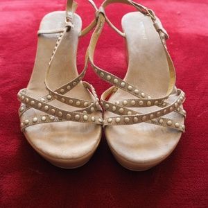 Nine West tan suede studded strappy wedge sandals